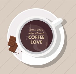 Mug with coffee and chocolate on the table. Top view. Vector Illustration