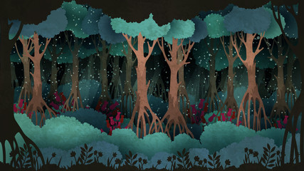 Fairytale forest background. Old trees surrounded by fireflies in the night.