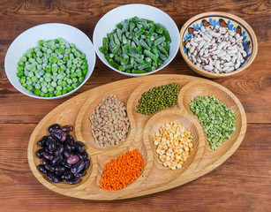 Various uncooked dried and frozen legumes in different dishes