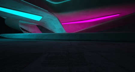 Abstract architectural concrete smooth interior of a minimalist house with color gradient neon lighting. 3D illustration and rendering.