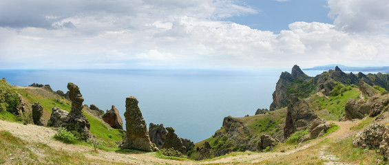 Cliffs of volcanic origin above the sea panoramic view