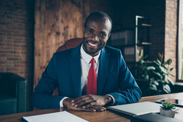 Photo of dark skin guy listening candidate for new vacancy wear elegant costume sitting office chair