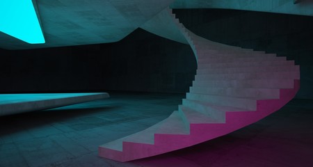 Abstract architectural concrete smooth interior of a minimalist house with color gradient neon lighting. 3D illustration and rendering.