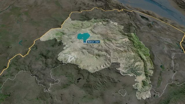 Amhara - state of Ethiopia with its capital zoomed on the satellite map of the globe. Animation 3D