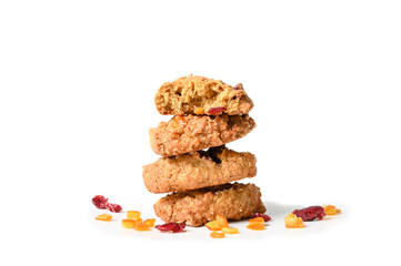 Homemade oatmeal orange cranberry cookies on white background - isolated