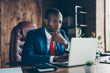 Photo of dark skin guy texting notebook with partners wear elegant costume sitting office chair