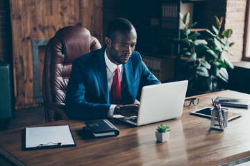 Photo of dark skin guy texting notebook with partners wear elegant costume sitting office chair