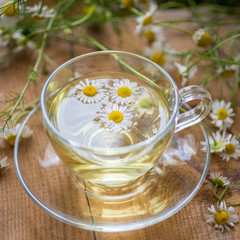 Cup of chamomile herbal tea with flowers on a table. Healthy natural drink.