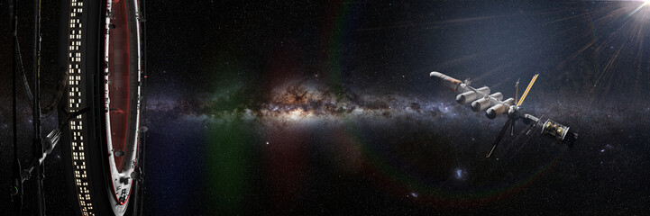 huge space station, futuristic habitat in outer space approached by a spaceship  © dottedyeti