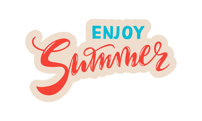 vector handwritten lettering enjoy Summer with texture. Red coral and cyan inscriptions with beige contour isolated on white background for banner, sticker, label, card, clothes.