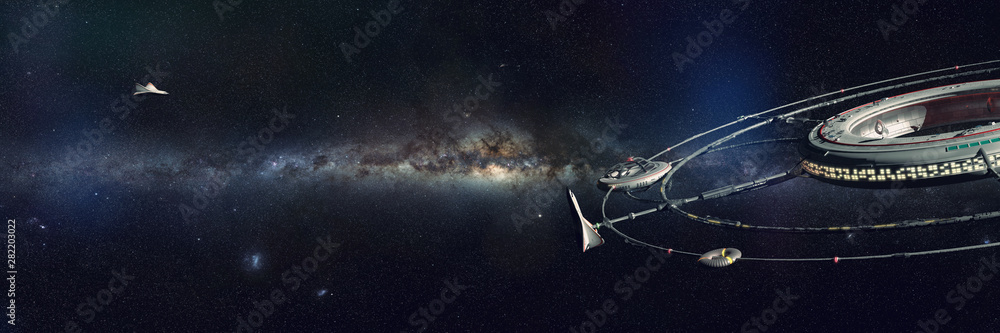 Wall mural huge space station, futuristic habitat in outer space approached by a spaceship
