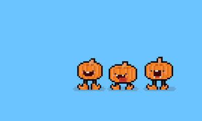 Pixel art cartoon pumpkin character with legs.8bit.halloween.