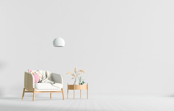 Fototapeta Empty wall in Scandinavian style interior with armchair. Minimalist interior design. 3D illustration.