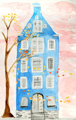 Nordic house architecture illustration hand painted with watercolors
