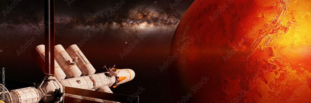 Wall mural spaceship in mars orbit, journey to the red planet