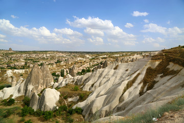 Beautiful panoramic view of pink valley  in Cappadocia. Free lifestyle. Cappadocia region of Turkey, Asia. Traveling concept background.