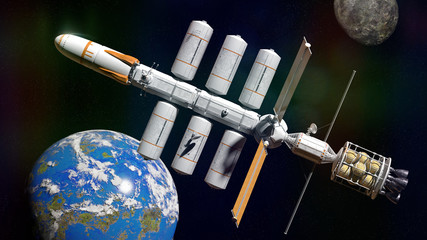 spaceship in orbit of a habitable alien world