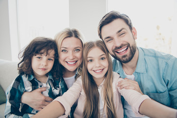 Fototapeta premium Photo of family two children making selfies weekend great mood best friends