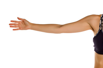 Young woman's stretched arm and fingers on the side. Isolated on white background.