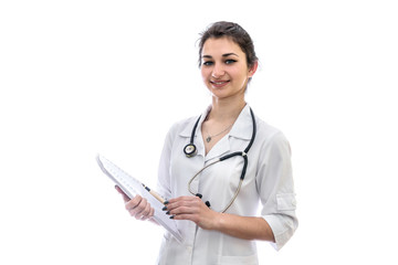 Portrait of a doctor with documents isolated on white