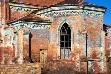 Fototapeta na wymiar Ruins of ancient Lutheran church in Ukraine. Historic building in 1905 built first German settlers destroyed by vandals of proletariat during revolution in Russia in 20th century.
