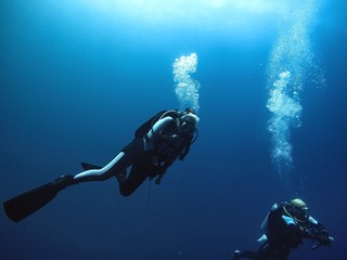 Scuba divers ascending to the surface