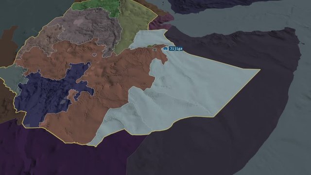 Somali - state of Ethiopia with its capital zoomed on the administrative map of the globe. Animation 3D