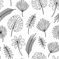 Seamless pattern with tropical leaves on white background