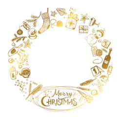 Golden Christmas wreath of holiday elements Isolated on a white background. New Year elements for design of cards, congratulations, banner.
