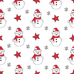Christmas seamless pattern with snowman, fir trees and snowflakes. Perfect for wallpaper, wrapping paper, pattern fills, winter greetings, web page background