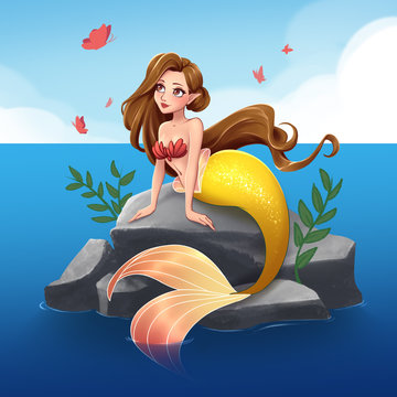 Cute mermaid with brown hair and golden tail sitting on stone. Hand drawn cartoon illustration. Isolated on white. Stock Illustration | Adobe Stock Cute mermaid with brown hair and golden tail sitting on stone. Hand drawn cartoon illustration. Isolated on white. Stock Illustration | Adobe Stock