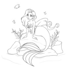 Cute mermaid sitting on stone. Hand drawn cartoon illustration. Isolated on white.