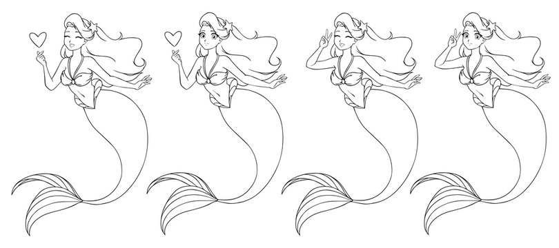 Pretty anime mermaid holding a heart and using V sign. Open and closed eyes versions.