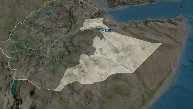 Somali - state of Ethiopia with its capital zoomed on the satellite map of the globe. Animation 3D