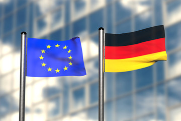 3d render of an flag of Europe and Germany, in front of an blurry background, with a steel flagpole