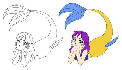 Pretty anime lying mermaid. Purple hair and yellow fish tail.