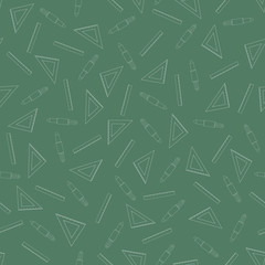 Back to school seamless pattern. White school supplies - ruler, pen and сosine on green background.