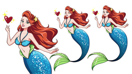 Pretty cartoon mermaid holding magical heart. Red hair and shiny blue fish tail.