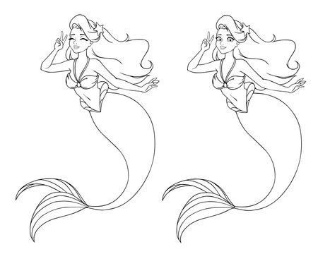 Pretty cartoon mermaid using V sign. Open and closed eyes versions.