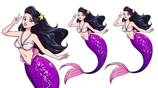 Pretty cartoon mermaid using a V sign. Black hair and shiny violet fish tail.