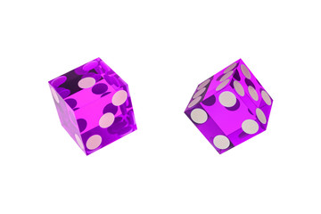 Two purple dice with sharp edges isolated on a white background. The sides are one, two, three and four, five, six, without a shadow.