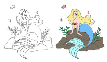 Cute mermaid with blonde hair and blue tail sitting on stone.
