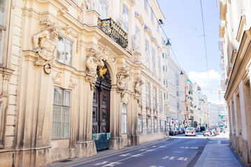 Summer empty open air restaraunt in european city.