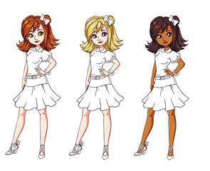 Set of three different girls wearing shirt and skirt. Colored body with white costume. Hand drawn cartoon illustration. Can be used for coloring books, paper dolls, mobile games, study etc.