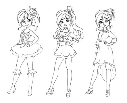 Set of three cute girls with different haircuts and clothes. Outlined images. Hand drawn cartoon illustration. Can be used for coloring books, paper dolls, mobile games, study etc.