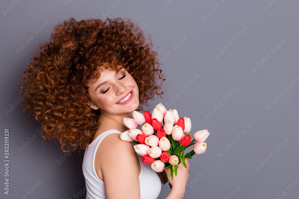 Poster profile photo of pretty foxy lady bunch fresh tulips romance birthday surprise eyes closed wear whit