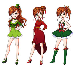 Set of three cute red haired girls with celebration haircuts and clothes.