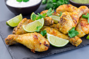 Indian chicken tandoori, marinated in greek yogurt  and spices, served with lime wedges and cilantro on  slate plate, horizontal