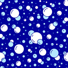 Bubbles vector seamless pattern with flat line icons. Blue white color soap texture. Fizzy water background, abstract effervescent effect wallpaper
