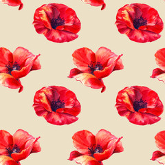 Red poppies on a beige background. Floral seamless pattern with big bright flowers.Summer watercolour illustration for print textile,fabric,wrapping paper.